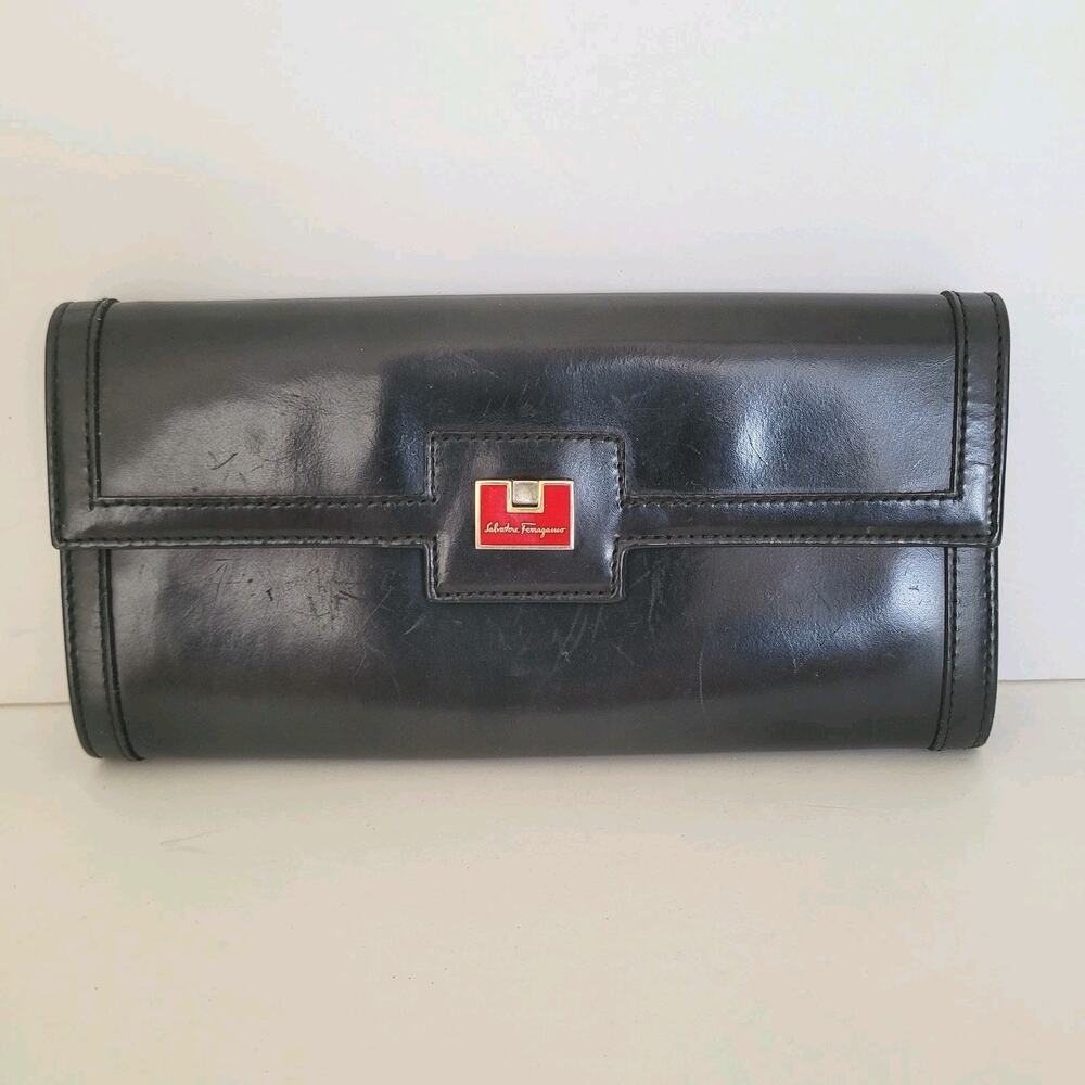 Salvatore Ferragamo Wallet Large Envelope Leather Long Card Bill Black Quality